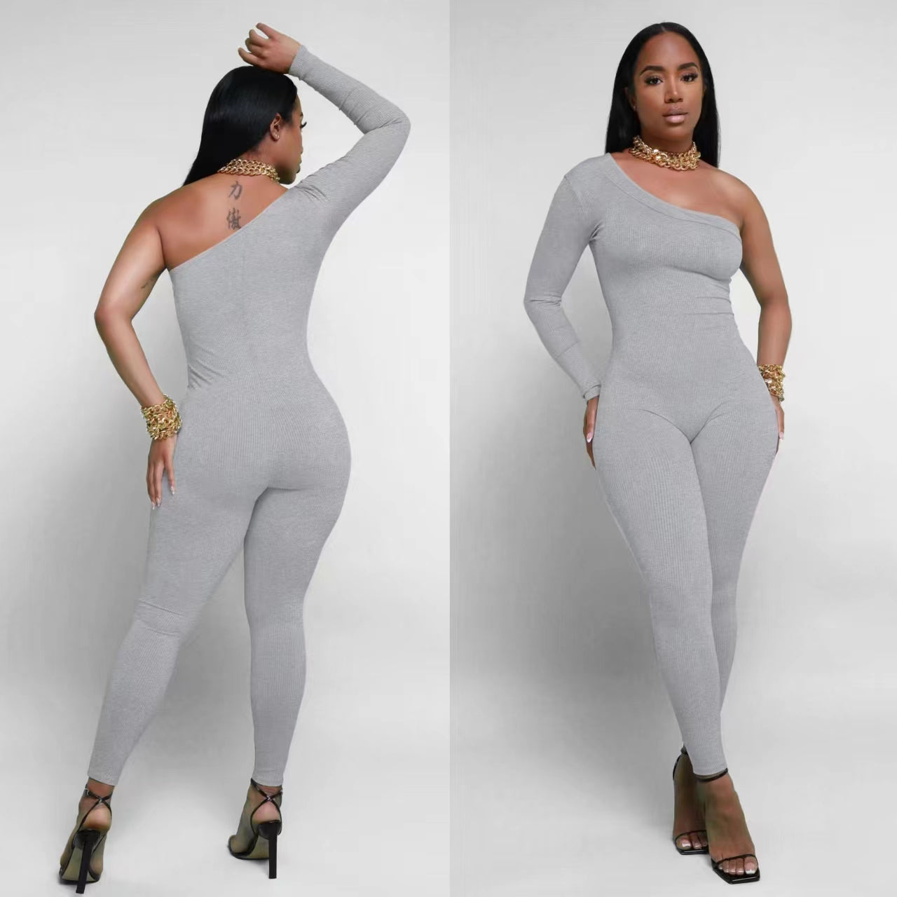 Pit Striped Oblique Shoulder Slim Fit Solid Color Jumpsuit