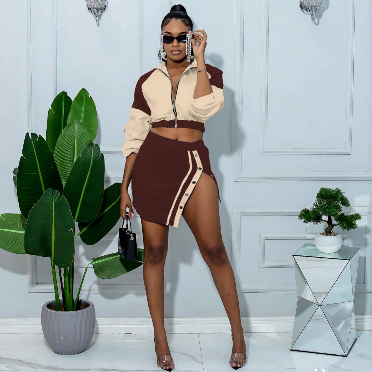 Split color-block long sleeve short skirt set stretch two-piece