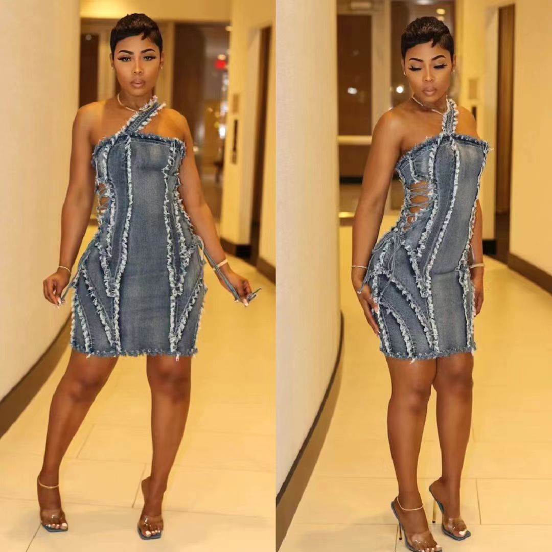 Strap Stitching Stretch Denim Dres
