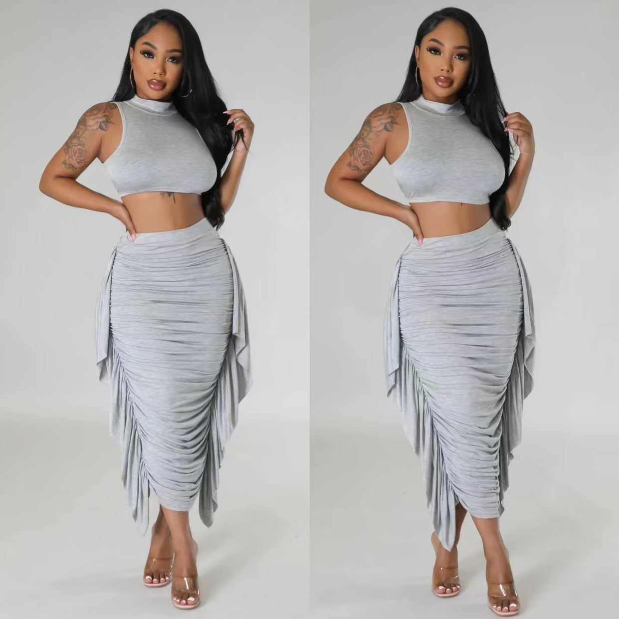 Solid Color High Waist Ruffles Navel Slim Fit Suit