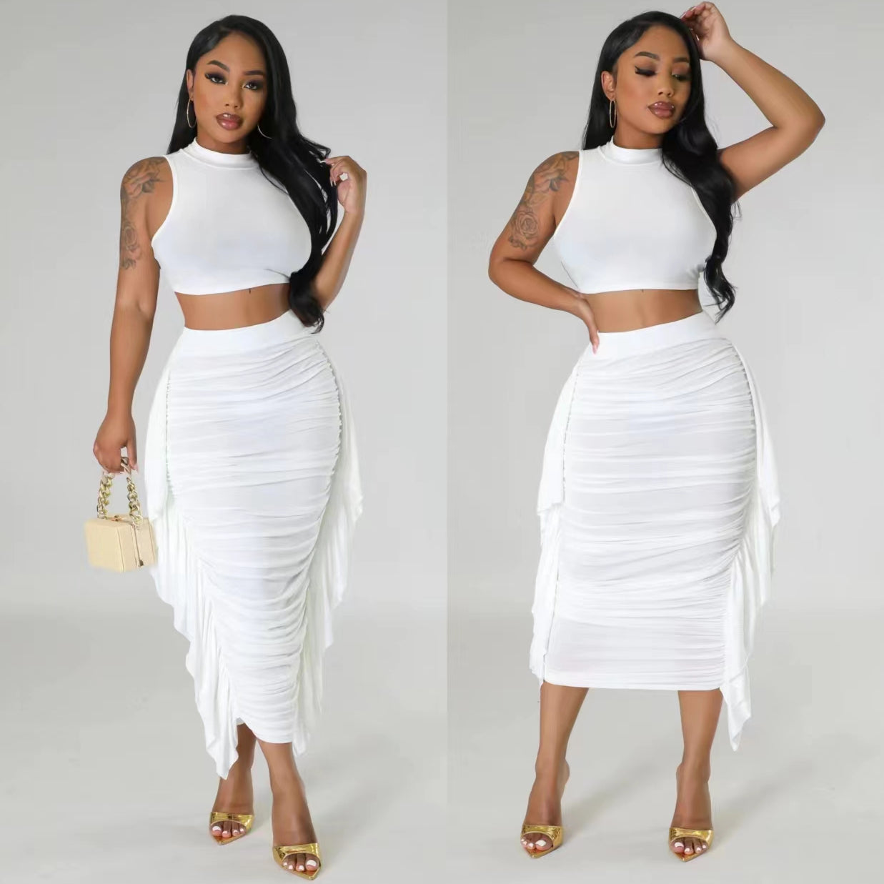 Solid Color High Waist Ruffles Navel Slim Fit Suit