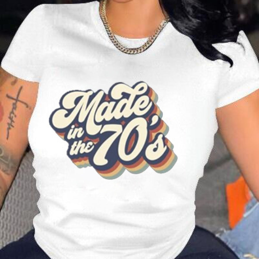 Printed Letter Crew T-shirt Short Top