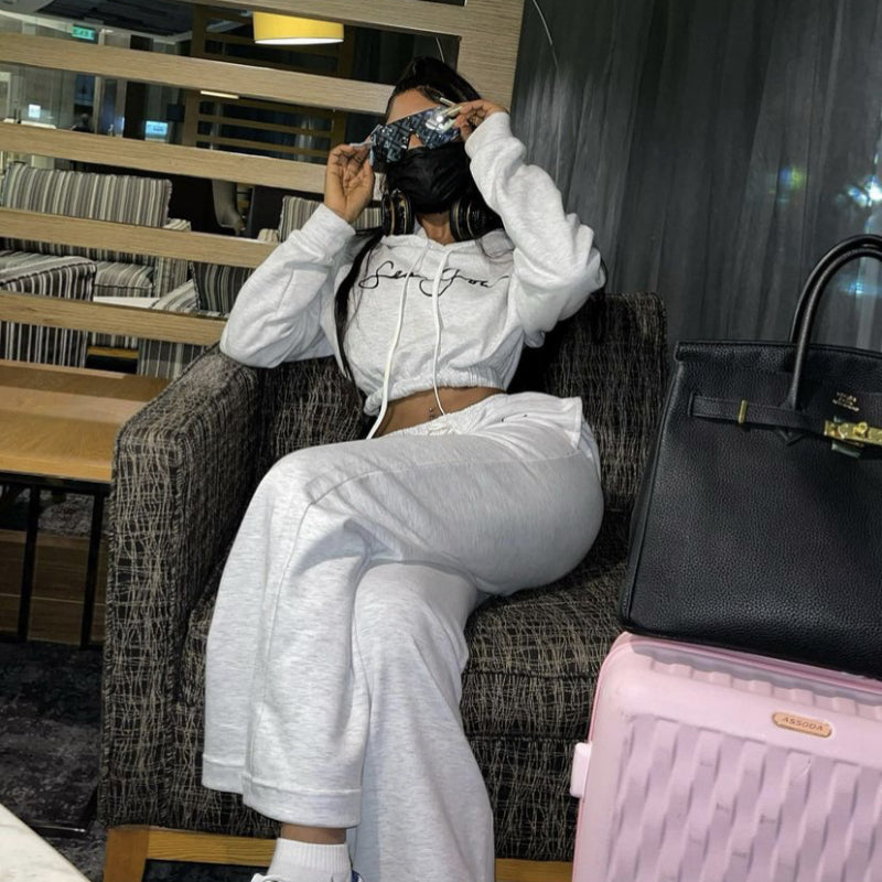 Hooded Letter-Print Sweater and Trousers Suit