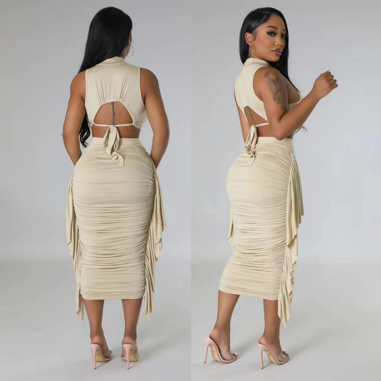 Solid Color High Waist Ruffles Navel Slim Fit Suit