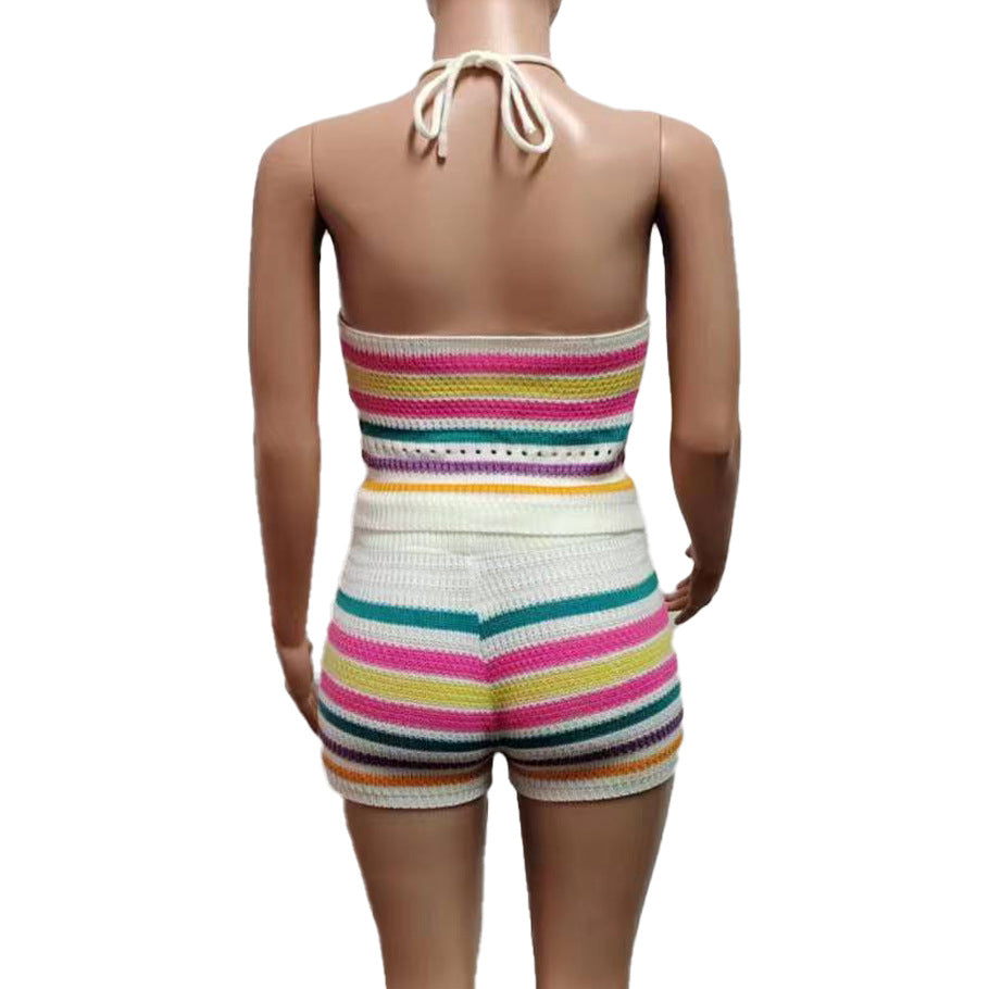 Knitted Backless Halter Top & Bottom 2PC Set