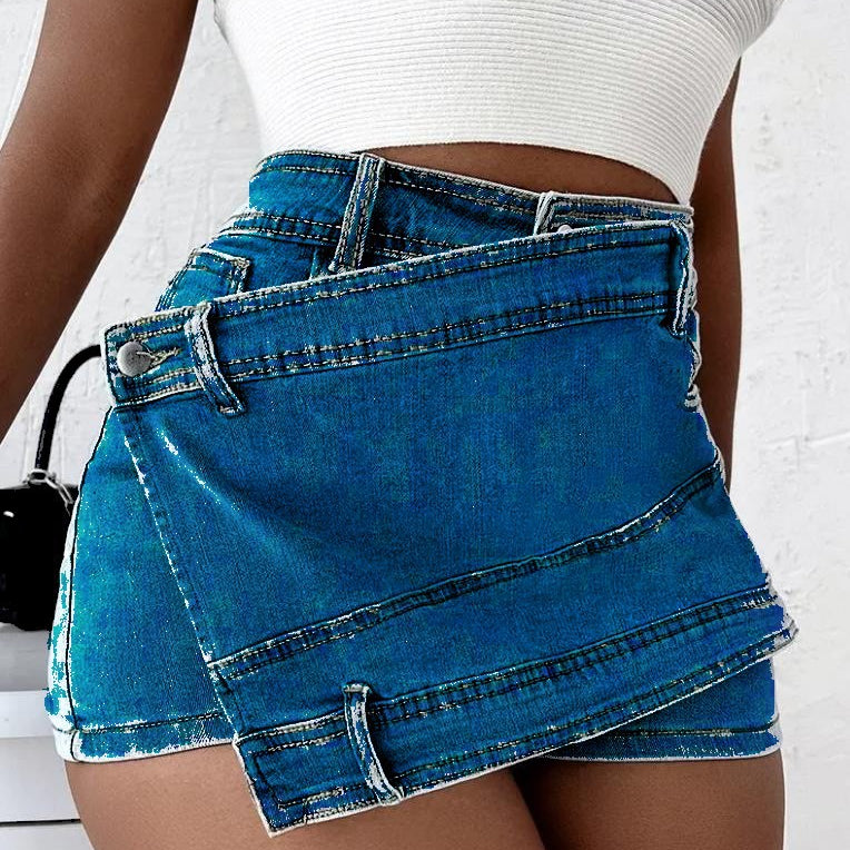 A- line High Waist Irregular Denim Skirt Shorts