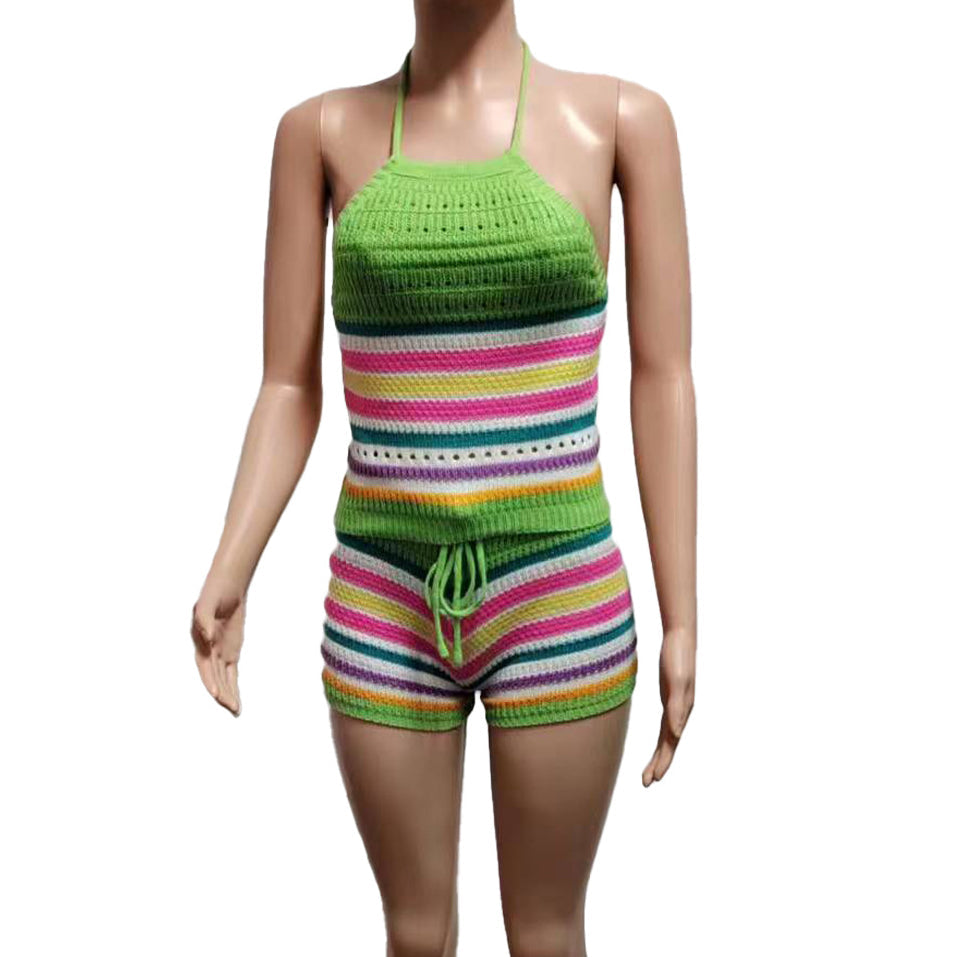 Knitted Backless Halter Top & Bottom 2PC Set