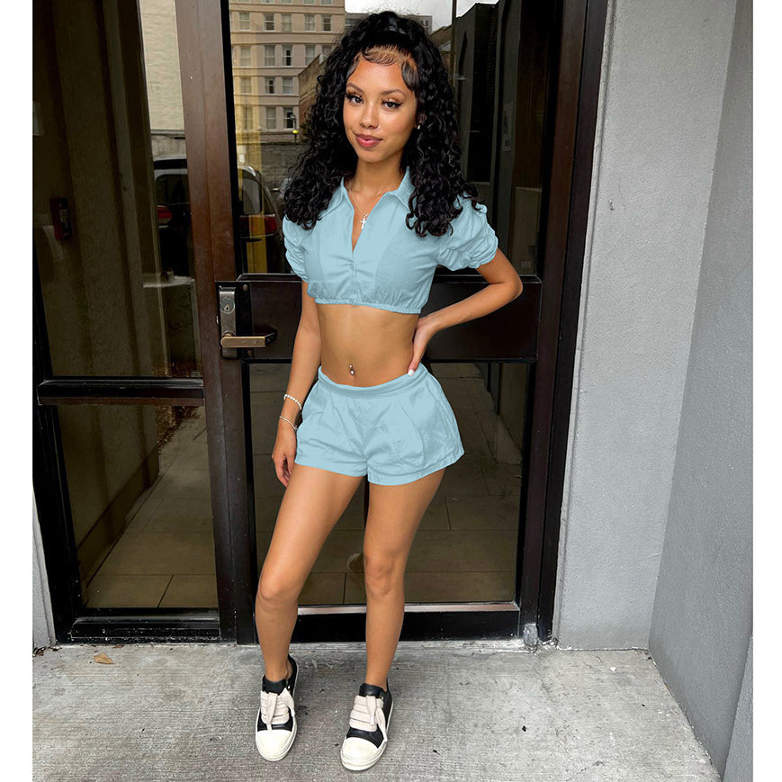 Solid Color Oversleeves Shirt and Shorts Suit