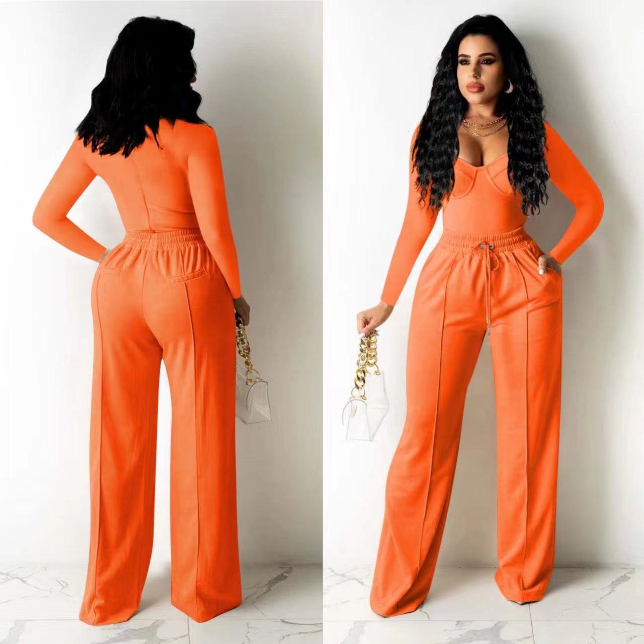 Long sleeved solid color low cut two-piece set