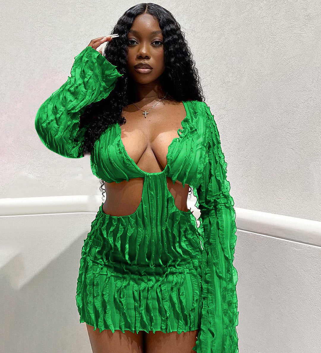 Long Sleeve Mesh Wave Pattern Sexy Short Dress