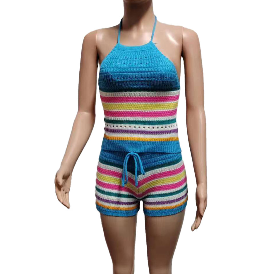 Knitted Backless Halter Top & Bottom 2PC Set