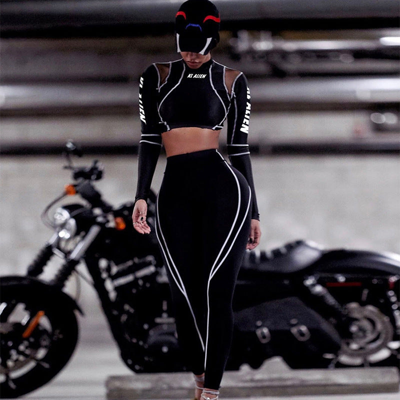 Positioning-print mesh sheer slim-fit long-sleeved casual set