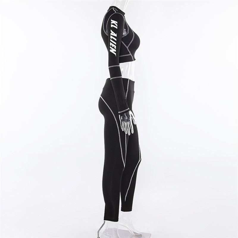 Positioning-print mesh sheer slim-fit long-sleeved casual set