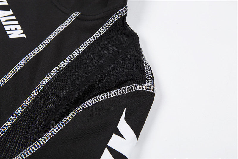 Positioning-print mesh sheer slim-fit long-sleeved casual set