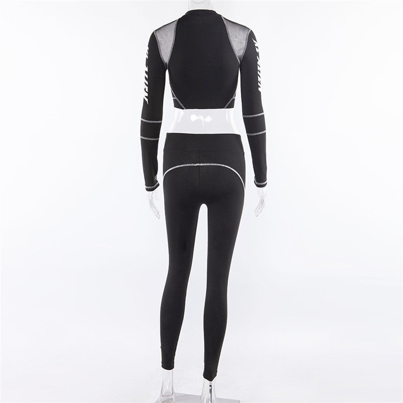 Positioning-print mesh sheer slim-fit long-sleeved casual set