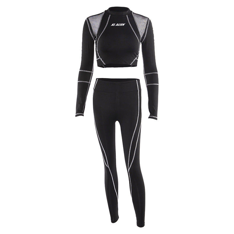Positioning-print mesh sheer slim-fit long-sleeved casual set