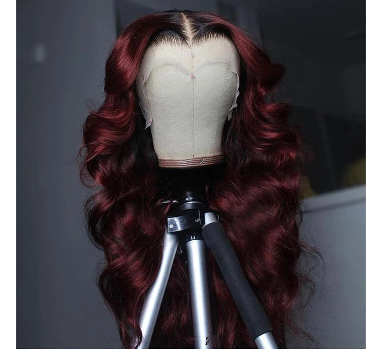 Black Roots Vibrant Burgundy Body Wave Lace Frontal Wig - Janine’s Boutique