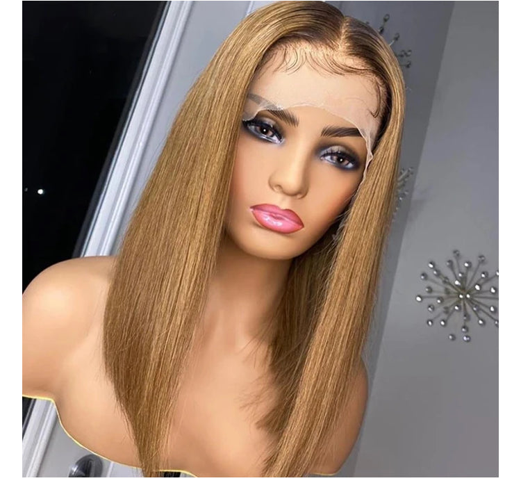 Black Roots Ombre Light Honey Brown Straight Bob Lace Frontal Wig - Janine’s Boutique