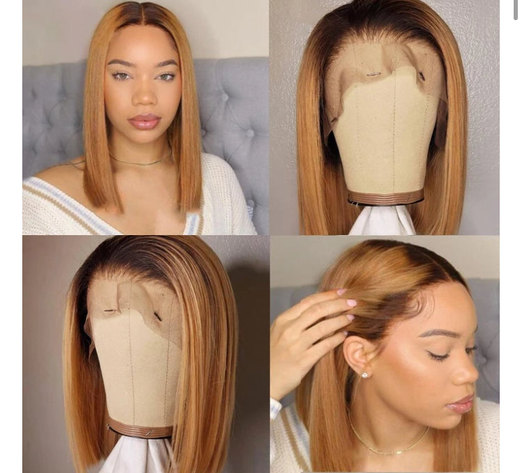 Black Roots Ombre Honey Brown Graceful Silky Straight Bob Lace Frontal Wig - Janine’s Boutique