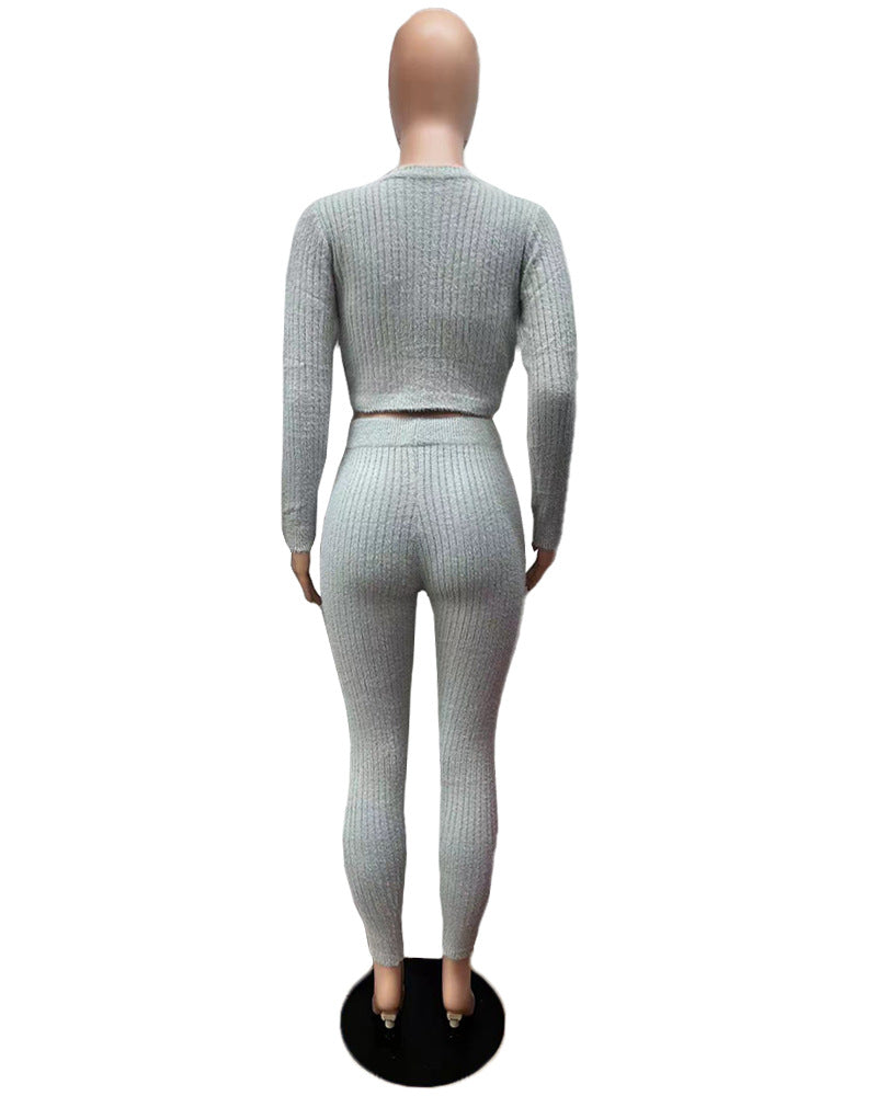 Solid Color Knitted Sweater Sexy Slim-Fit Cardigan 3PC Set