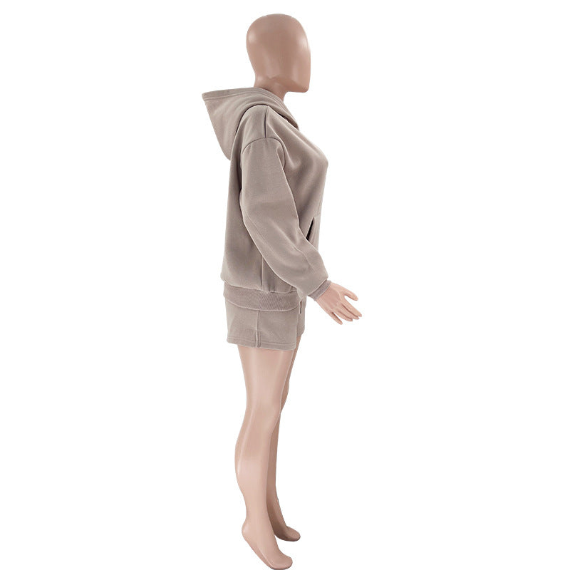 Solid Color Long Sleeved Shorts Hoodie Two-piece Set