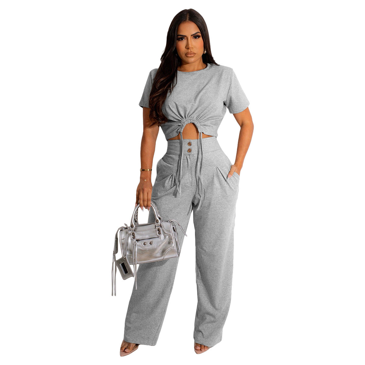 Cotton Short-sleeved Pleated T-shirt Wide-leg Pants Two-piece Suit