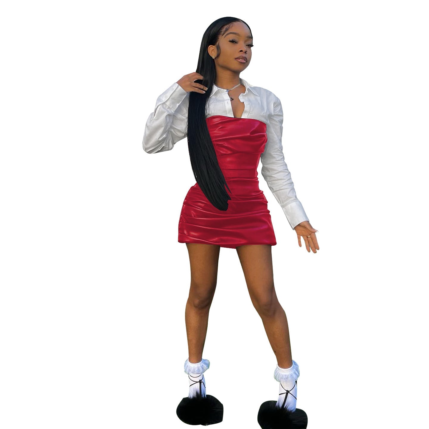 Shirt Stitching Leather Skirt Pleated Fake Two-piece Punk Dress