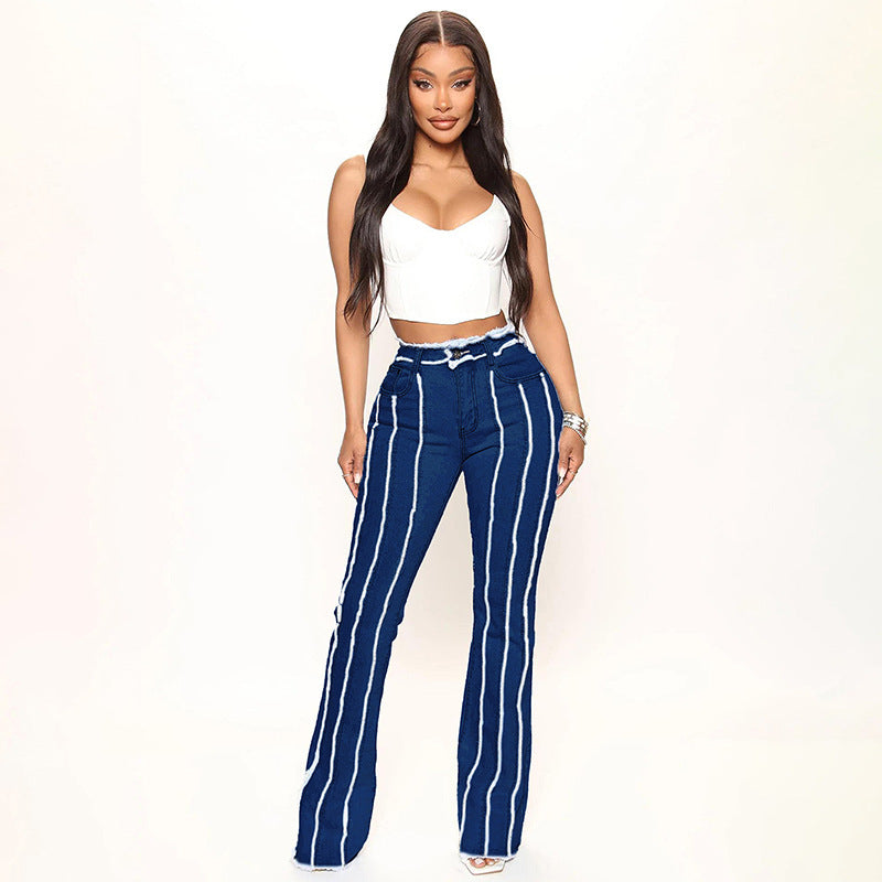 High Elastic Mid Waist Burrs Women's Denim Trousers