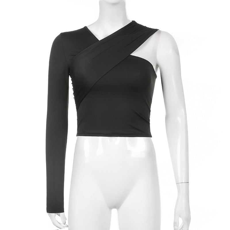 One Shoulder Asymmetric Solid Color Long Sleeve Top T-shirt