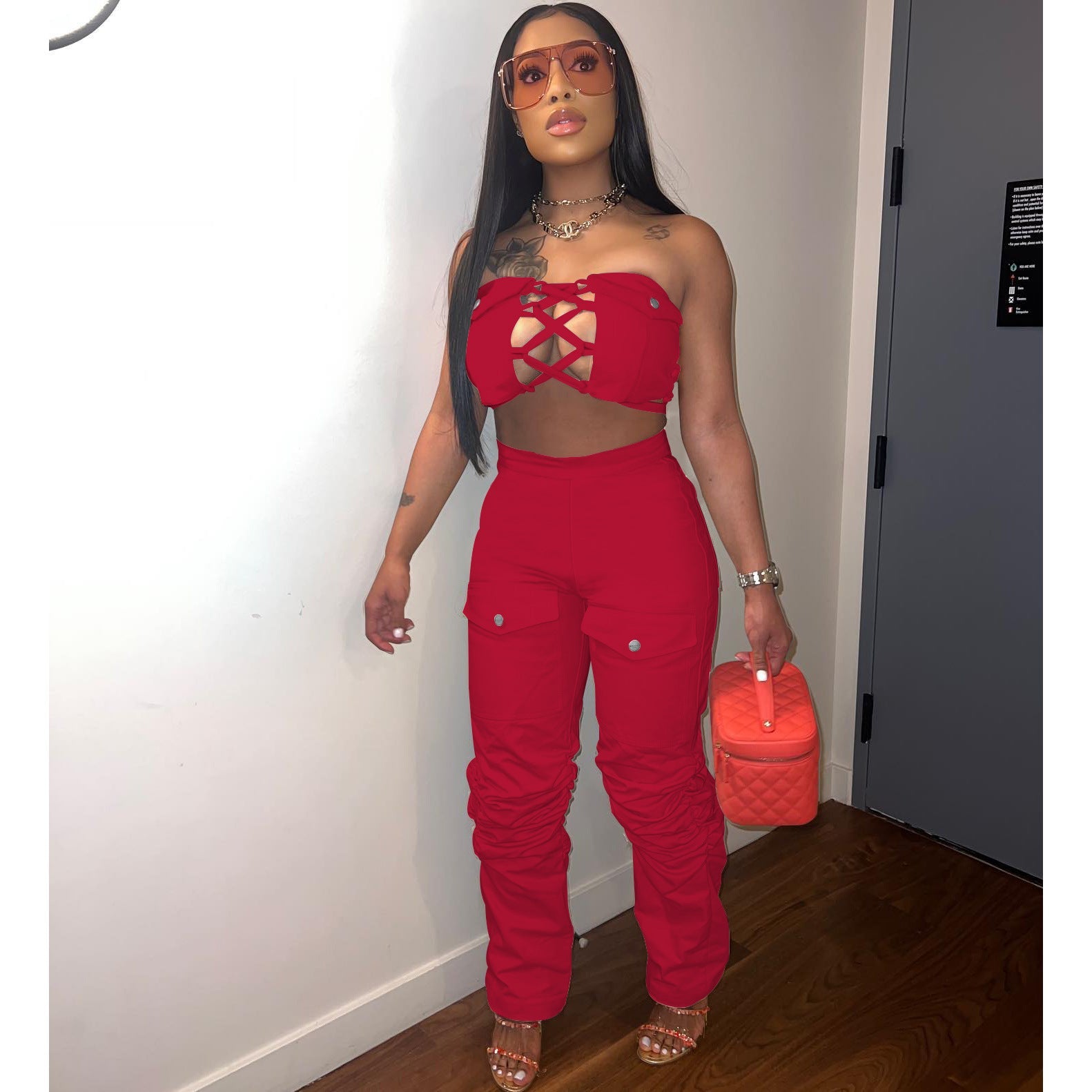 Sleeveless Lace-up Chest Wrap Vest Pants 2PC Set