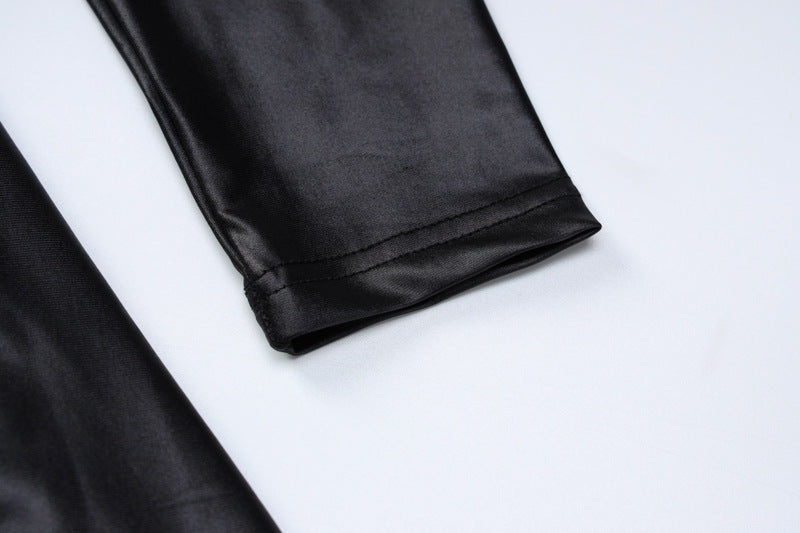 Faux Leather Pleated Long Sleeve Dress