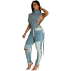 Lace-up Turtleneck Washed Sleeveless Denim Short Vest