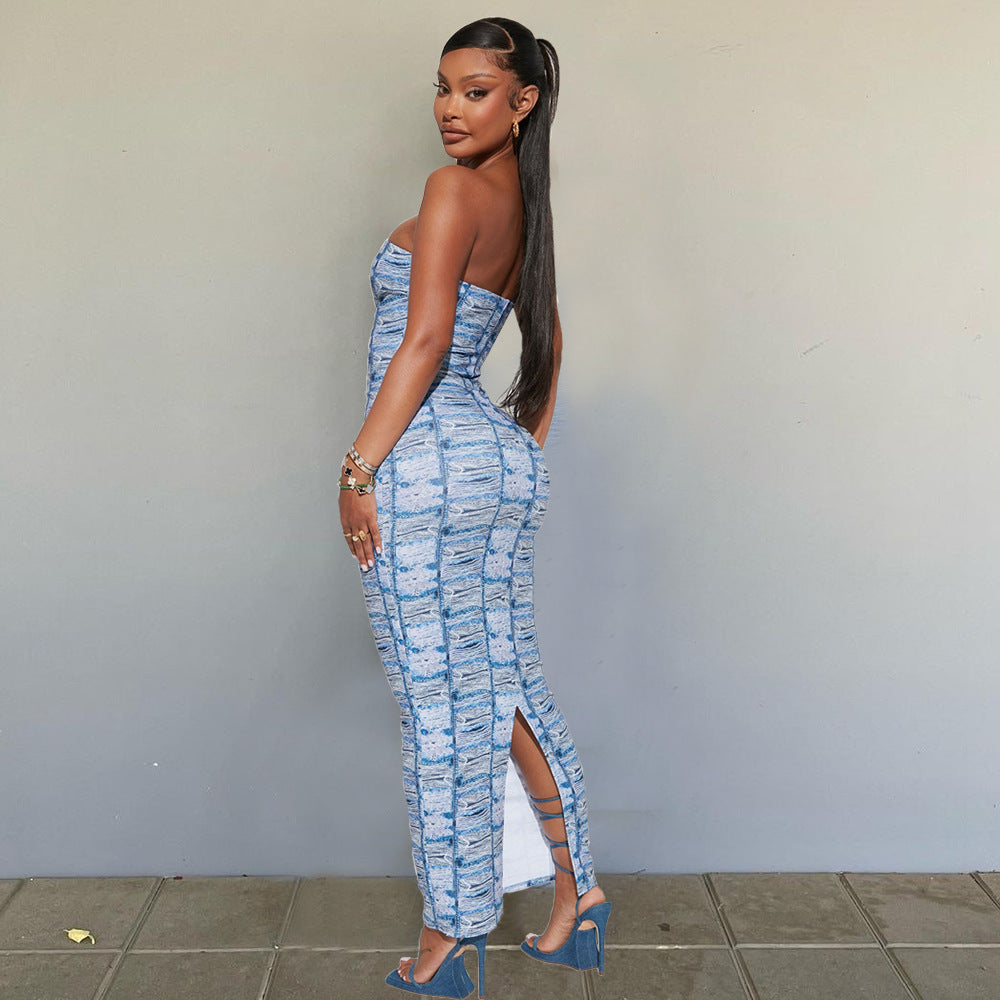 Slim Fit Backless Printed Tube Top Dress