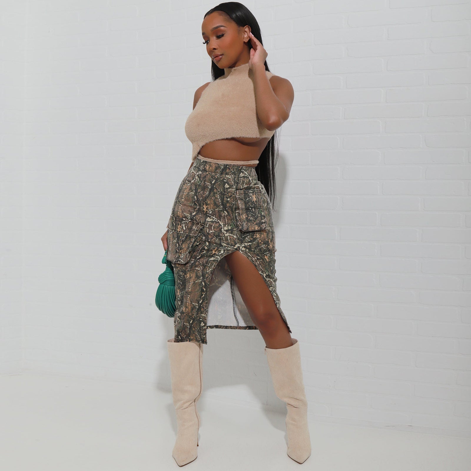 Camo Leaf Print Pocket Split Zip High Waist Skirt