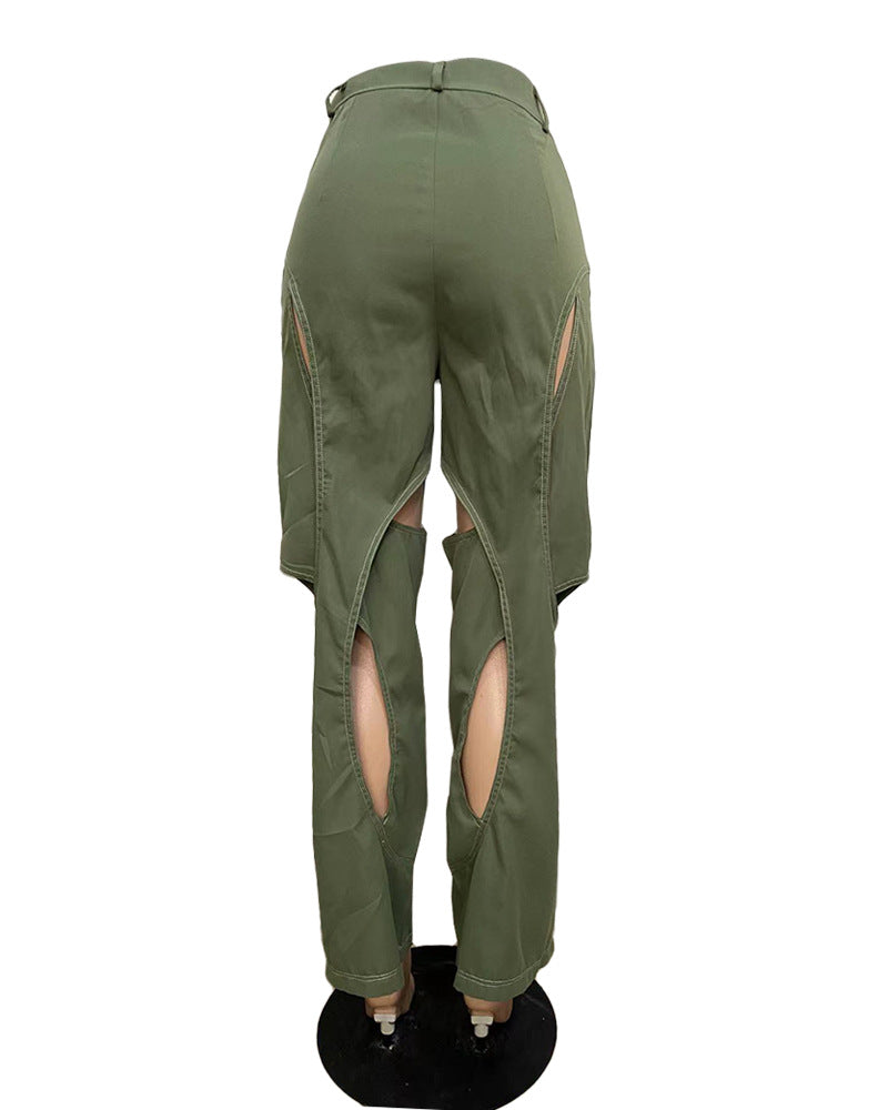 Contrasting Color Thread Stitching Hollow-out Design Casual Pants