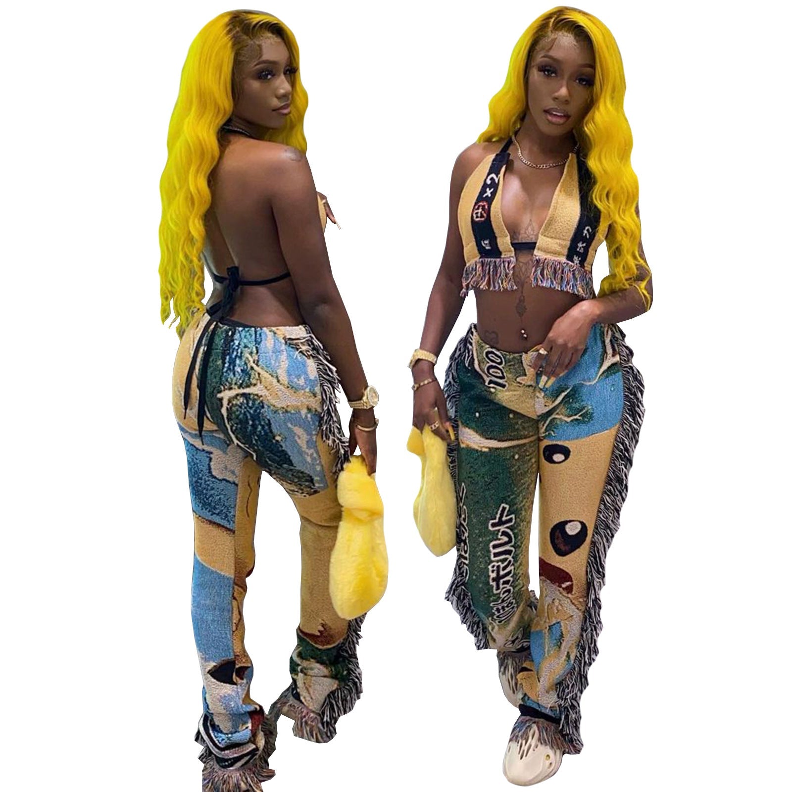 Printed Shoulder-Wrapped Chest Backless Tassel 2PC Set