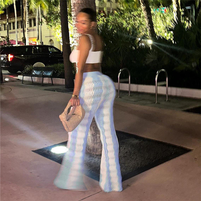 Wave Pattern Color Matching Knitted High Waisted Wide Leg Pants