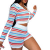 Lapel Cardigan Double-breasted Long Sleeve Striped Color Matching Knit Two-piece Suit