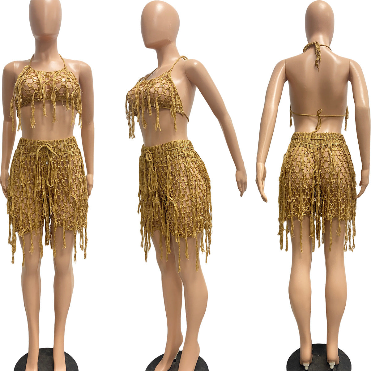 See-through Knitted Hand Crochet Tassel Beach Short Suit