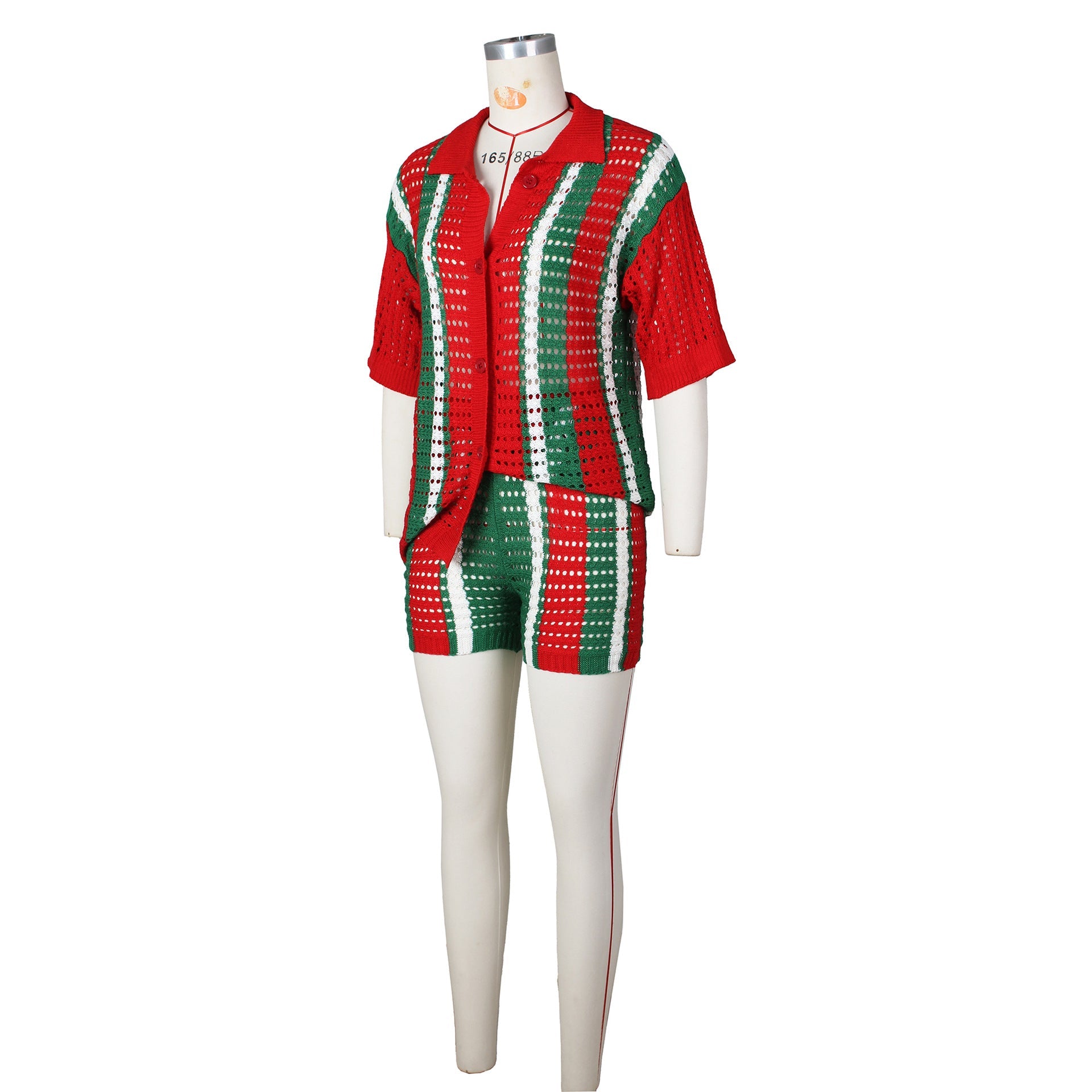 Hollow out See-through Contrast Color Lapels Knitted Shorts Suit