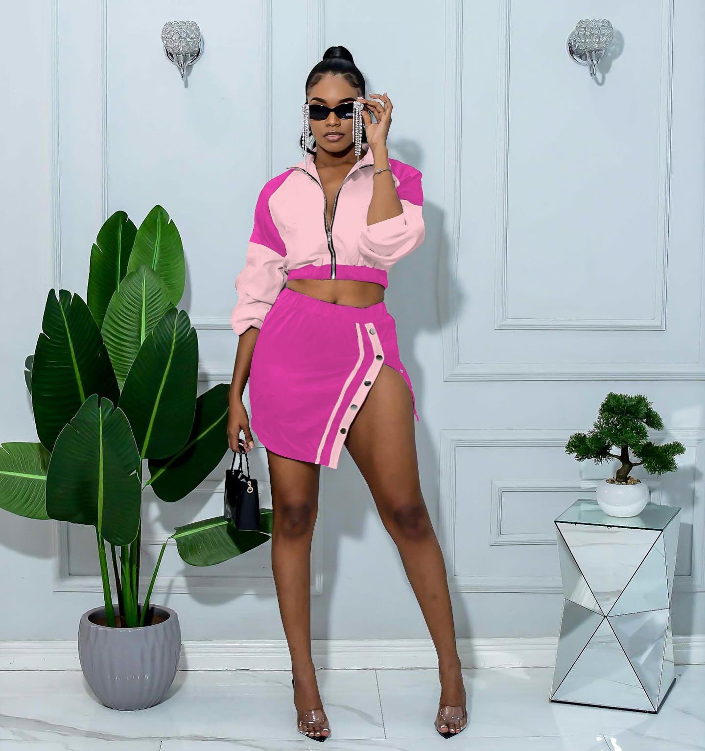 Split color-block long sleeve short skirt set stretch two-piece