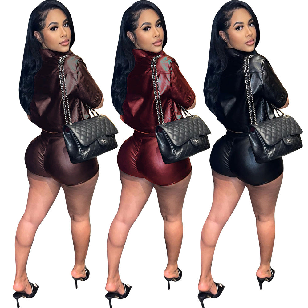 Tight Leather Coat Leather Shorts 2PC Set