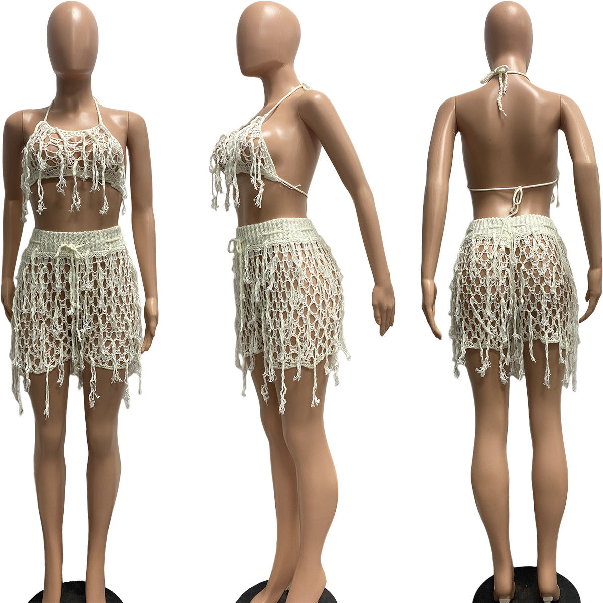 See-through Knitted Hand Crochet Tassel Beach Short Suit