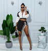 Split color-block long sleeve short skirt set stretch two-piece