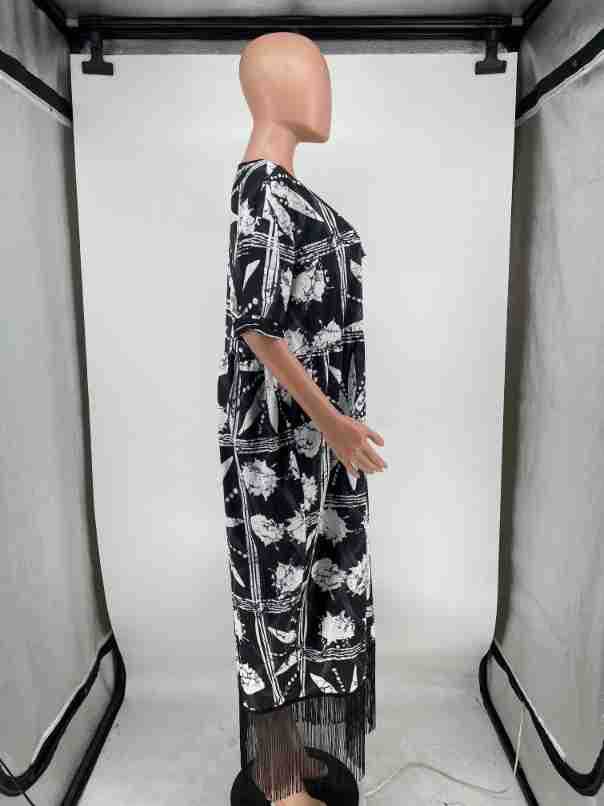 V-neck Fringed Loose Short-sleeved Printed Dress