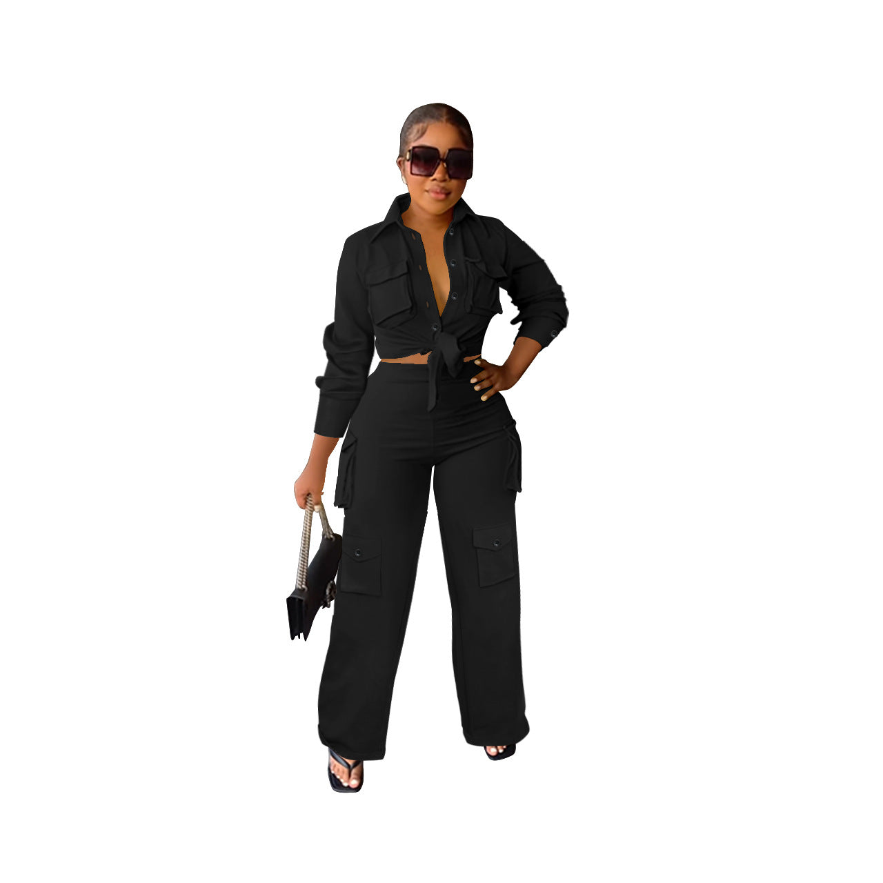 Long sleeves, long pants, cargo style, wide leg, solid color,2pc set