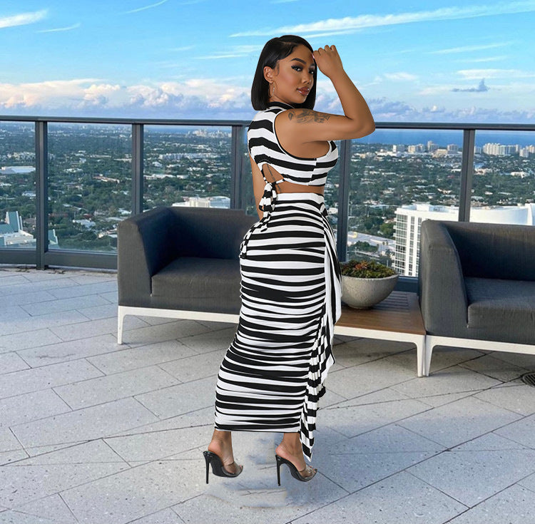 Black and White Striped Ruffled Skirt 2PC Set