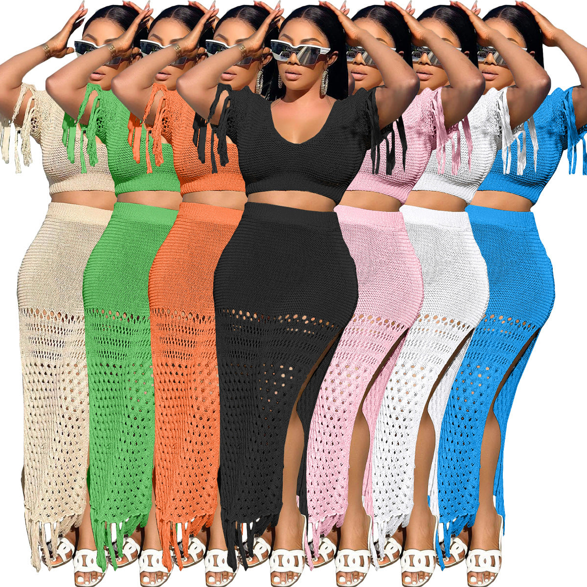 Split wool hand hook knitted tassel two-piece set