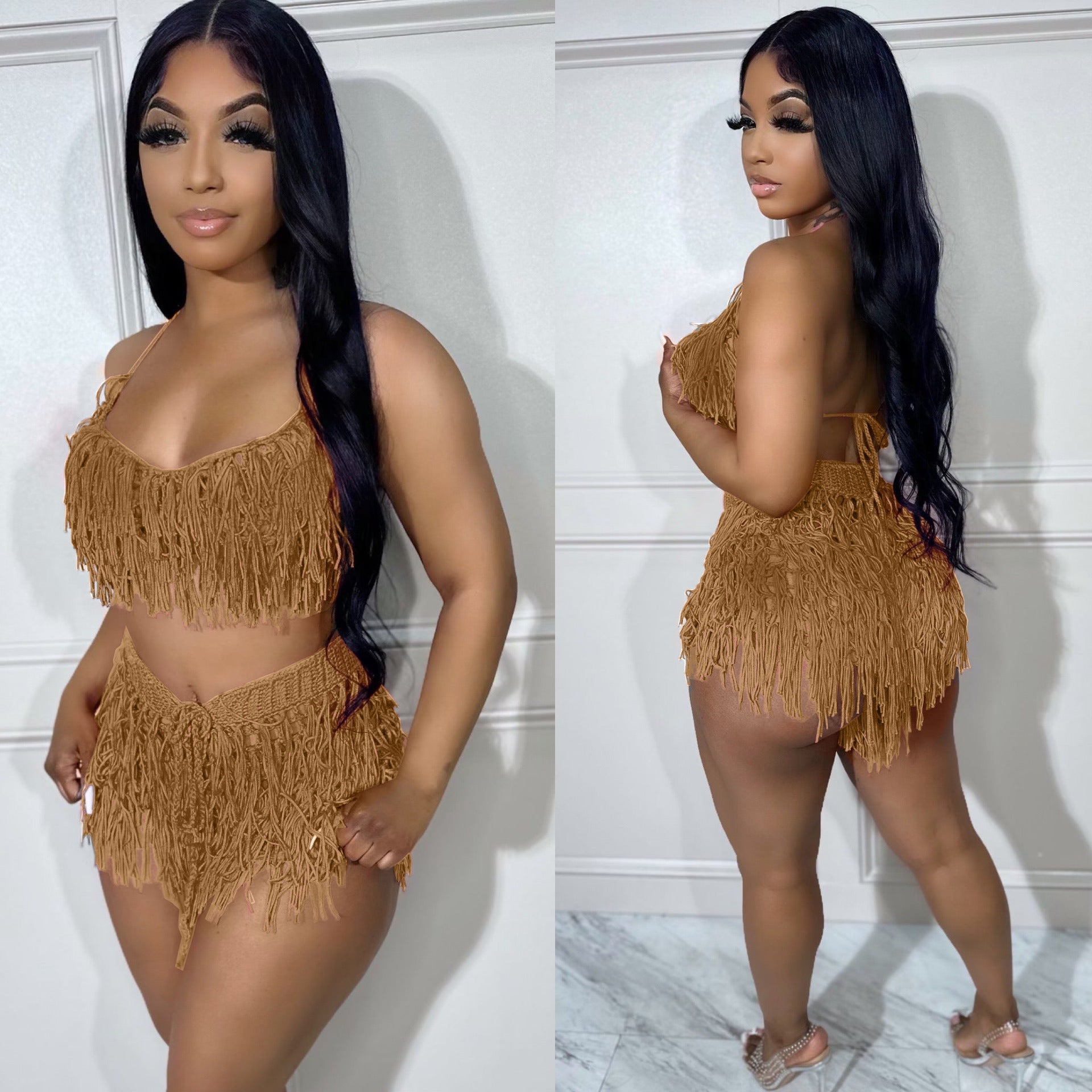 See-through Knitted Hand Crochet Tassel Beach Short Suit