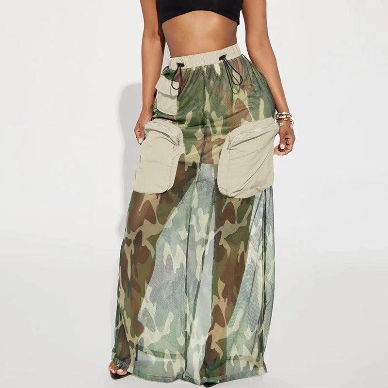 Mesh Camouflage Skirt Pocket Stitching Elastic Drawstring Tooling Dress